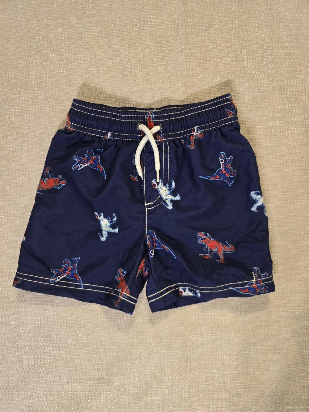 Boys Navy Dino Print Swim Trunks - Red & Light Blue Dinosaurs